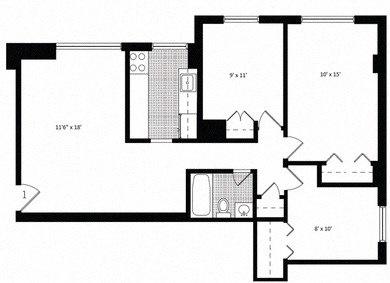 Floor plan for 3 beds, 1 bath, 740 sqft